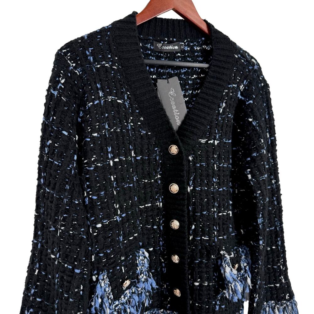 NEW NWT Creation Sz XL Navy Blue Tweed Fringe Cardigan Sweater Top Christmas - Picture 3 of 10